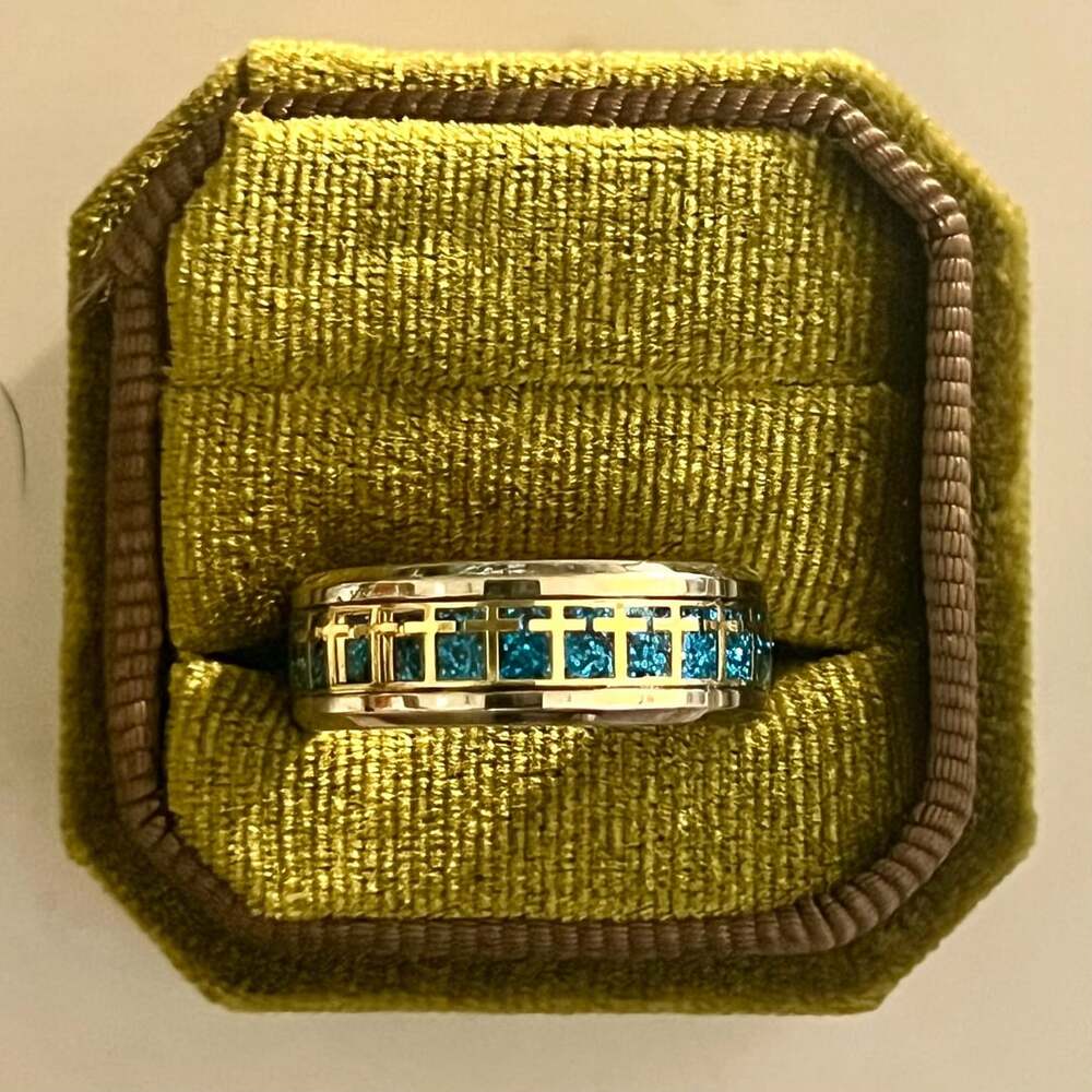 Bible Cross Ring – Backroad Syndicate Titanium Steel Silver/Blue & Gold 8mm Ban
